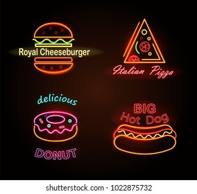 Royal cheeseburger and delicious donut , italian pizza and big hot dog, collection of neon signboards with shinings, isolated on vector illustration