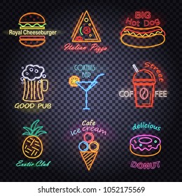 Royal cheeseburger, good pub, food and drinks neon labels with icons of pizza and ice-cream vector illustration isolated on transparent background