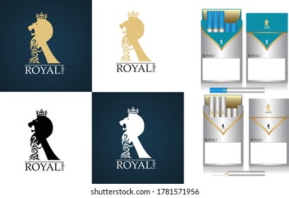 Royal Cigarette Creative Logo Design. Lion logo with Cigarettes pack in flat style