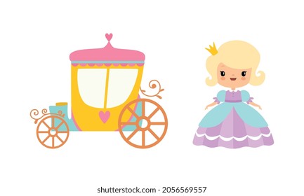 Royal Cinderella Carriage and Princess in Pretty Dress with Golden Crown Vector Set