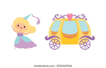 Royal Cinderella Carriage and Princess in Pretty Dress Vector Set