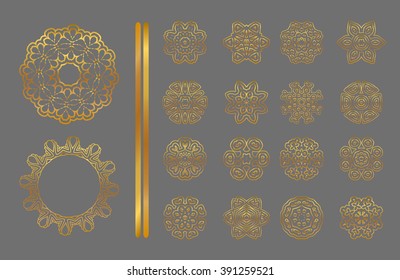 Royal circle design elements. Golden  texture. Golden  mandala on gray background