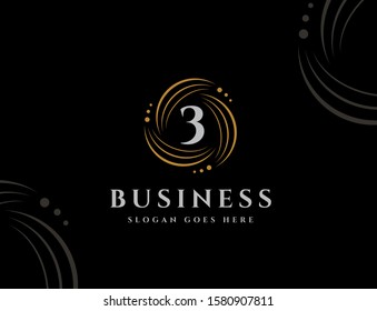 Royal circle gold orbit with dots initial number 3 logo design vector graphics