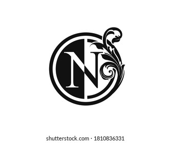 Royal Circle N Letter Floral Logo. Luxury N Swirl Logo Icon.