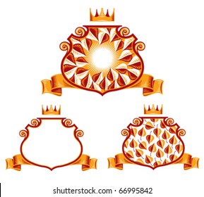 Royal classic emblems. Shield, ribbon and crown heraldic symbols. Leaves and sun rays. Nature eco protection. 2 colors simple version.