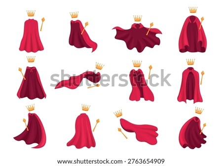 Royal cloaks. Fluttering red cape, golden crown and scepter. Monarchy symbols, elements of king or queen. Cartoon ceremonial elements, sapid vector set