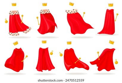 Royal cloaks. Invisible king mantle red cape, monarchy coronation attributes scepter crown orb queen princess robe medieval clothes dress garment, cartoon neat vector illustration of king mantle