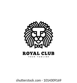 Royal club logo template design with a lion and bow tie in linear style. Vector illustration.