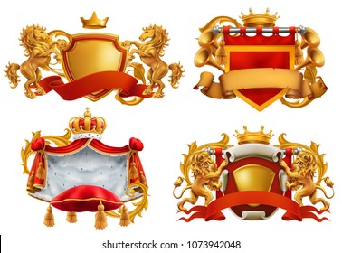 Royal coat of arms. King and kingdom. 3d vector emblem set