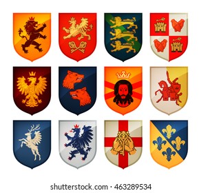 Royal coat of arms on shield vector logo. Heraldry, blazonry set icons svg
