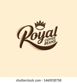 Royal coffee bean logo.  Coffee store or cafe logo.  Calligraphy composition with crown. Letters with decorative elements and crown.