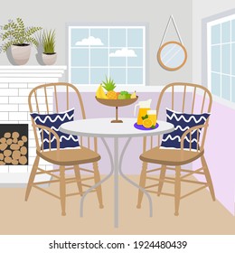 Royal collection. Dining table in classic style. Cozy room interior. Dining table and chairs, Fireplace, summer cozy dining room illustration for two Room interior. Home office.