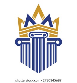 Design de logotipo da coluna real com capital iônica dourada e azul e motivo da coroa