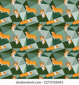 Royal Corgi dog on a mosaic geometric background. Funky, colorful vibe, rainbow colors palette. Simple, clean, modern texture. Geometric, polygon style. Summer seamless pattern with dogs.Triangles.
