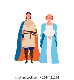 Royal couple flat vector illustration. Medieval king and queen cartoon characters. Prince and his lady isolated on white. Kingdom rulers. Sovereign with damsel. Fairytale, historical personages.