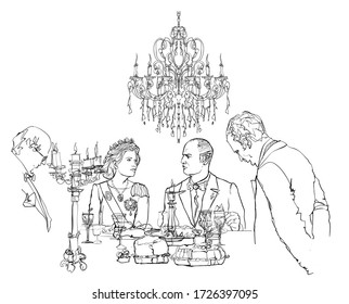 Königliches Ehepaar, das ein romantisches Abendessen am schön dekorierten Tisch mit Kerzen begeht (ideal zum Bedrucken von Stoff oder Papier, Plakat oder Tapete, Hausdekoration)