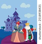 
Royal Couple Sitting in Front of a Palace Vector Illustration. Queen and king characters from a fairy tale story
