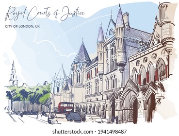 The Royal Courts of Justice a main court for England and Wales. City sketch painted with watercolor. A4 horizontal format. EPS10 vector illustration