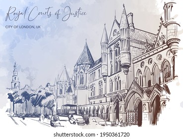 The Royal Courts of Justice a main court for England and Wales. City sketch isolated on a grunge watercolor textured background. A4 horizontal format. EPS10 vector illustration