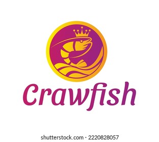 Royal crawfish logo. Linear circle with crawfish, crown and water waves. The King shrimp or prawn icon, seafood symbol. Suitable for fresh crawfish, seafood restaurant, processing plant, aquaculture.
