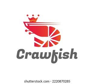 Royal crawfish logo. Red crawfish and crown stylized. The King shrimp or King prawn symbol. Initial letter S logo. Seafood logo for fresh crawfish, seafood restaurant, processing plant, aquaculture.
