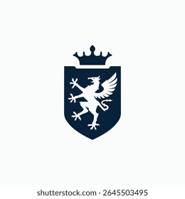 Royal crest heraldry logo design with gryphon shield and crown vector flat illustration