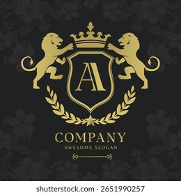 Logotipo Royal Crest Lion Shield com Crown e Laurel Luxury Monogram Emblem