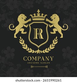 Royal Crest Lion Shield Logo with Crown and Laurel Luxury Monogram Emblem