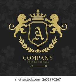 Logotipo Royal Crest Lion Shield com Crown e Laurel Luxury Monogram Emblem