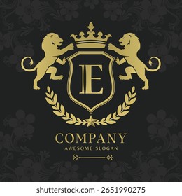 Royal Crest Lion Shield Logo mit Krone und Lorbeer Luxus Monogramm Emblem