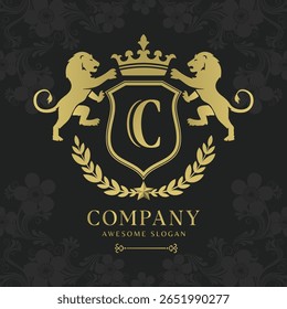 Logotipo del escudo del león de la cresta real con la corona y el emblema de lujo del monograma de Laurel