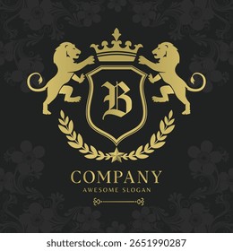 Logotipo del escudo del león de la cresta real con la corona y el emblema de lujo del monograma de Laurel