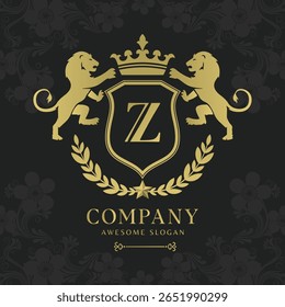 Royal Crest Lion Shield Logo with Crown and Laurel Luxury Monogram Emblem