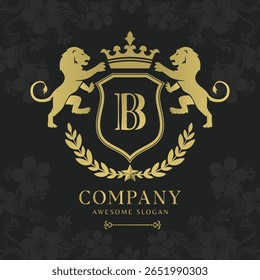 Royal Crest Lion Shield Logo with Crown and Laurel Luxury Monogram Emblem