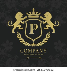 Royal Crest Lion Shield Logo with Crown and Laurel Luxury Monogram Emblem