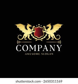 Royal Crest Logo with Golden Dragons and Shield in Laurel Wreath on Black Background