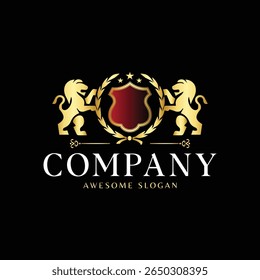 Logotipo Royal Crest com leões heráldicos dourados e escudo em fundo preto