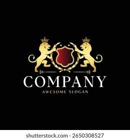 Logotipo Royal Crest com leões heráldicos dourados e escudo em fundo preto