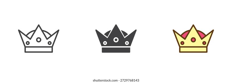 Royal crown accessory different style icon set. Line, solid and filled outline colorful icon for king or queen costume. Monarch headwear vector sign and symbol icon.