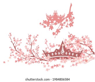 royal crown among blooming cherry tree branches - spring season princess tiara vector design set