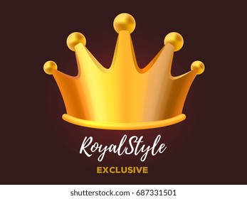 Royal crown award for winner, leadership, champion, event, festival. 3d design of gold crown. Realistic vector illustration of shiny golden metal king crown on dark background with text