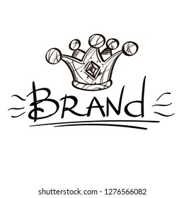 Royal crown with balls on the teeth and a precious stone in the middle. Below is the inscription for your brand. Vector image.