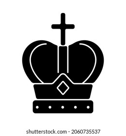 Royal Crown Black Glyph Icon. Head Adornment For Monarchs. Royal Family Jewels. Coronation Ceremony. Emperor, King, Queen Accessory. Silhouette Symbol On White Space. Vector Isolated Illustration