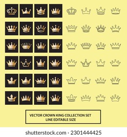 Royal crown collection icon gold color and editable line vector illustration