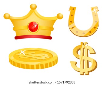 Royal crown decorated with gemstone vector, isolated icons of wealthy items. Golden horseshoe and coin with sparkling gleam, dollar symbol money set