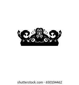 Royal crown, decoration, imperial attribute richly ornamented with floral ornament. A sign of greatness. A unique tattoo. Vector illustration for print on t-shirts, cover. 
Monochrome image isolated.