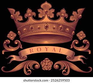 Royal crown and design elements. Design set. Editable hand drawn illustration. Vector vintage engraving. Isolated on black background. 8 EPS