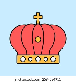 Royal Crown Flat design style, red and gold crown with a cross, symbolizing the monarchy, suitable for historical themes, luxury branding, and royal event designs.