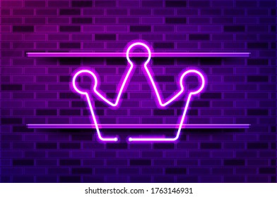 Royal crown glowing neon sign or LED strip light. Realistic vector illustration. Purple brick wall, violet glow, metal holders.