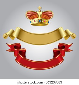 Royal crown with gold and red ribbons isolated on white background. Vector illustration